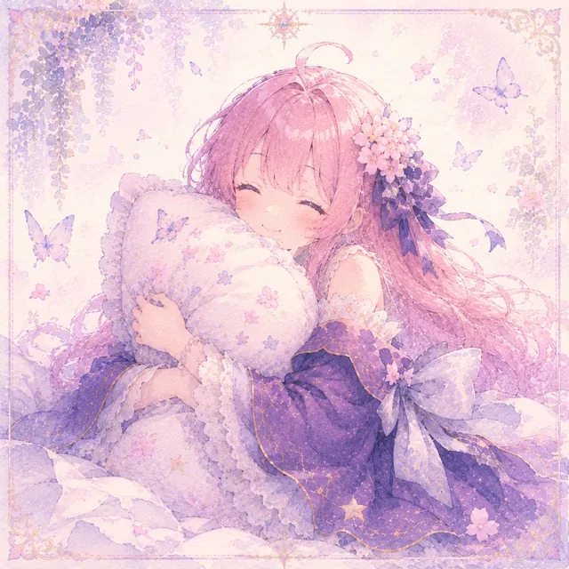Mikarin, the bot's mascot: a pink-haired girl hugging a pillow, in watercolor.